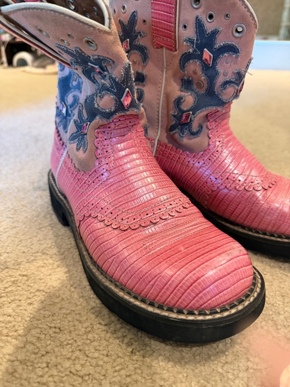 Ariat Pink Western Boots with Blue Embroidery
